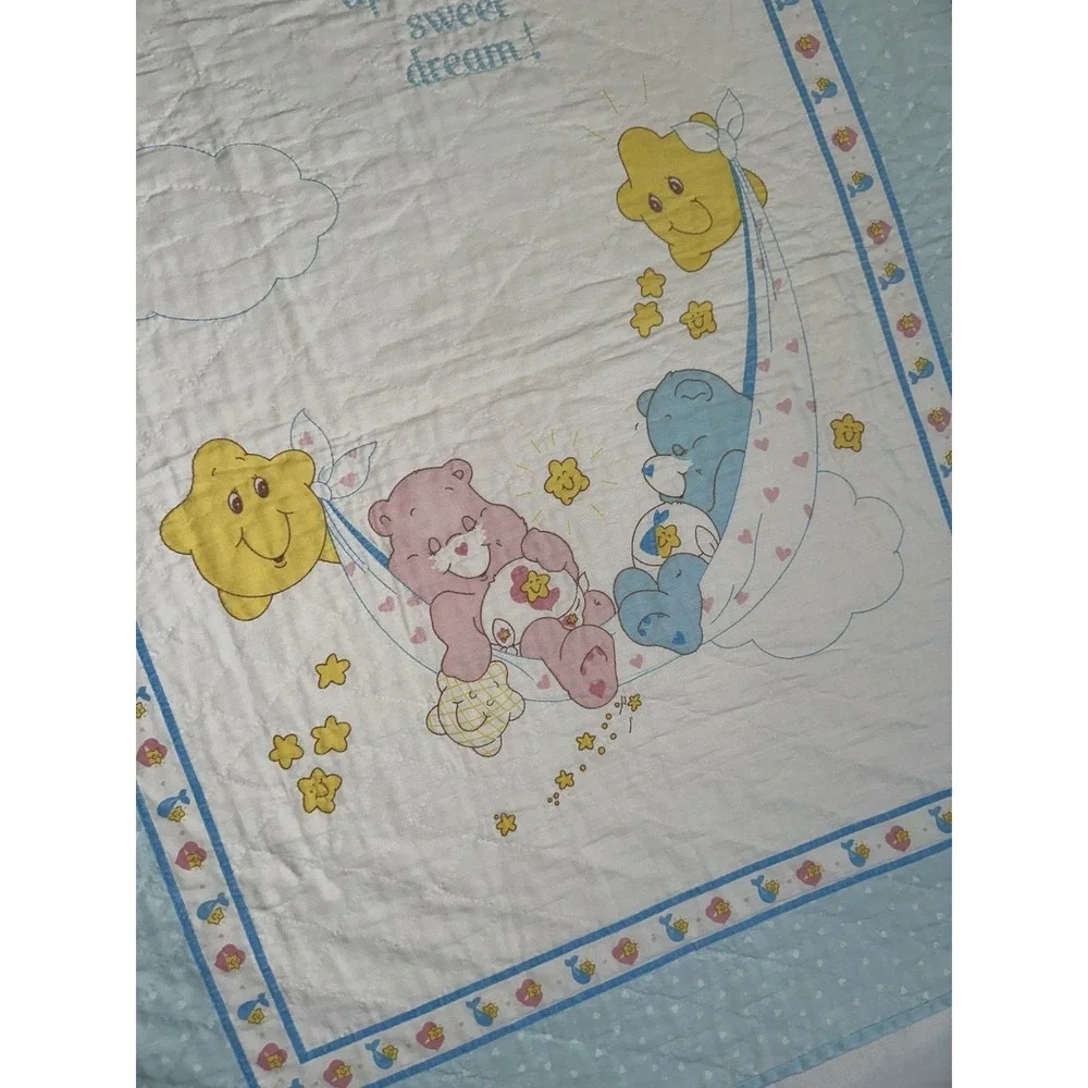 Vtg Care Bears Baby Crib Quilt Handmade 32x43 Nursery Blanket Stars Blue Edge